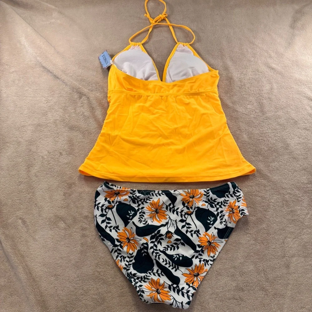NWT Yonique Yellow‎ Ruched Halter Tankini High Waist Floral Bikini Swimsuit Sz M